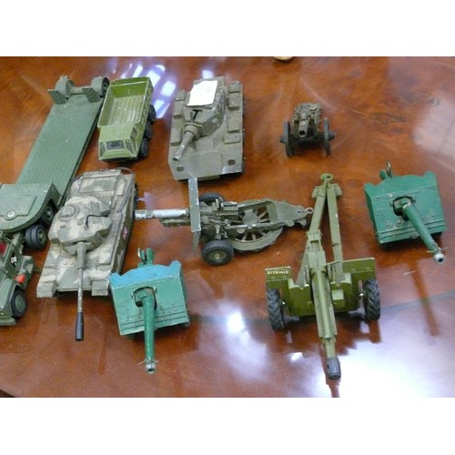 393 - 9 VINTAGE MILITARY DIE CAST VEHICLES BY CORGI MAJOR AND DINKY TO INCLUDE TANK, CANNONS