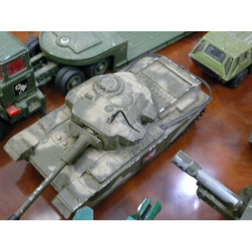 393 - 9 VINTAGE MILITARY DIE CAST VEHICLES BY CORGI MAJOR AND DINKY TO INCLUDE TANK, CANNONS