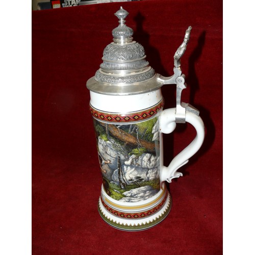 1 - LARGE CERAMIC STEIN WITH PEWTER LID FEATURING A HUNTING SCENE