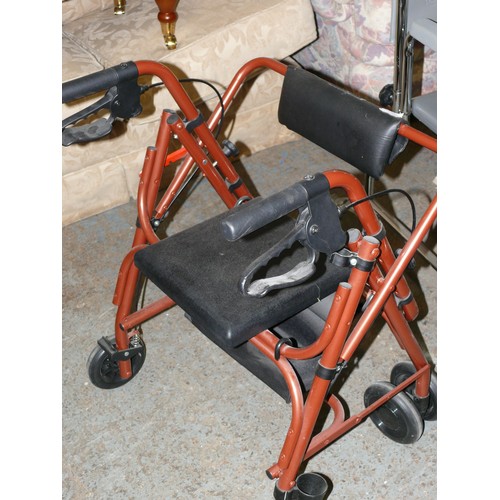 442 - MOBILITY WALKER BY UNISCAN WITH SEAT AND BRAKES PLUS AN UNDERBED TRAY ON WHEELS