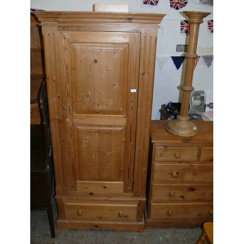 448 - SOLID PINE WARDROBE ONE DOOR AND KEY WITH  UNDERDRAWER