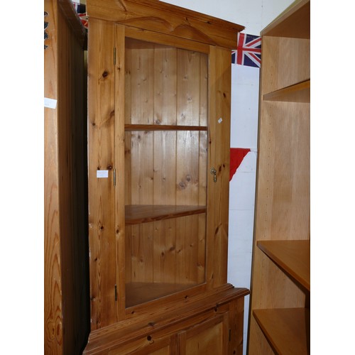 452 - SOLID CORNER PINE DISPLAY CABINET WITH GLASS UPPER DOOR AND PINE LOWER DOORS