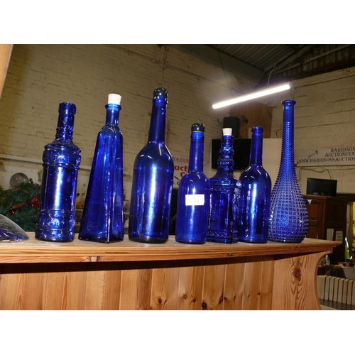 456 - 7 X COBOLT BLUE DECORATIVE GLASS BOTTLES