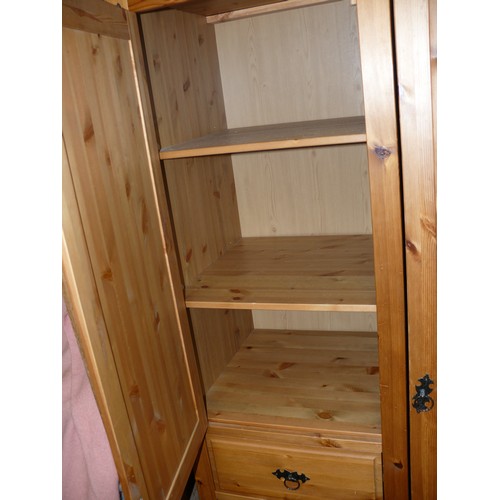 453 - SOLID PINE COMPACT BEDROOM STORAGE, WARDROBE, CUPBOARD AND 3 DRAWERS, GOTHIC HINGES