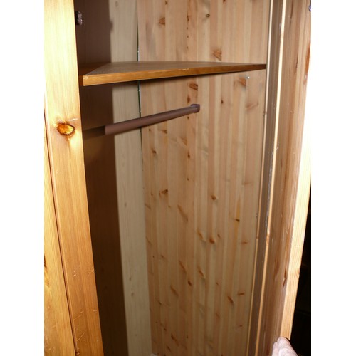 453 - SOLID PINE COMPACT BEDROOM STORAGE, WARDROBE, CUPBOARD AND 3 DRAWERS, GOTHIC HINGES