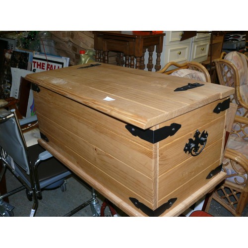 439 - LARGE PINE CHEST WITH WROUGHT IRON HINGES