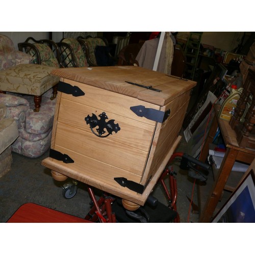 439 - LARGE PINE CHEST WITH WROUGHT IRON HINGES