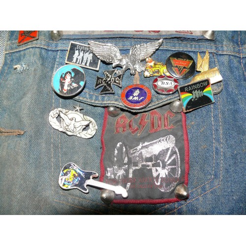 140 - DENIM WAIST COAT ADORNED IN HEAVY METAL BADGES BOTH METAL AND FABRIC