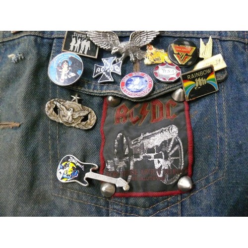 140 - DENIM WAIST COAT ADORNED IN HEAVY METAL BADGES BOTH METAL AND FABRIC