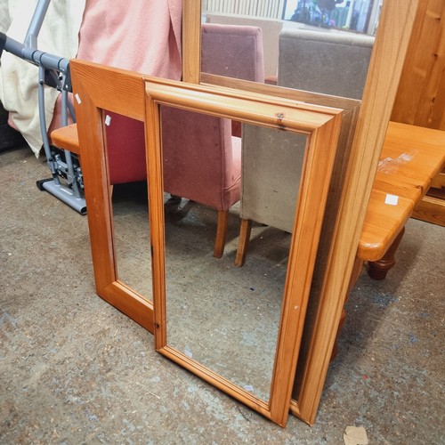 455 - 3 STAGGERED SIZED MIRRORS WITH PINE FRAMES