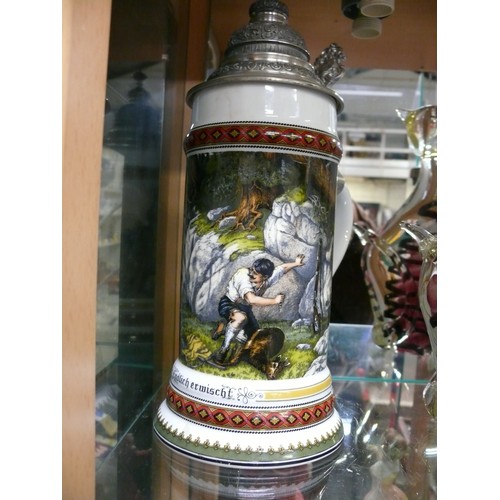 1 - LARGE CERAMIC STEIN WITH PEWTER LID FEATURING A HUNTING SCENE