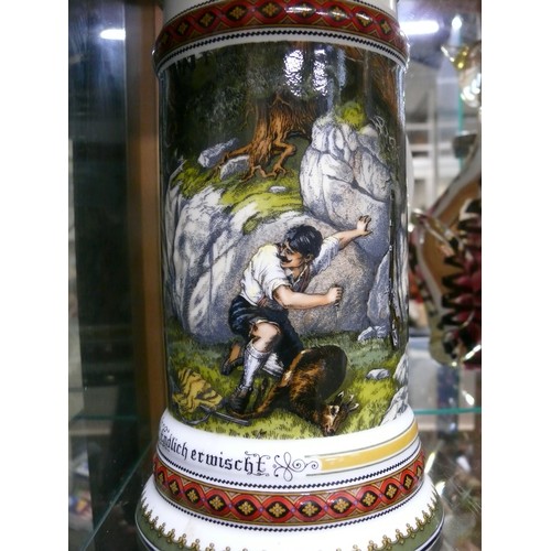 1 - LARGE CERAMIC STEIN WITH PEWTER LID FEATURING A HUNTING SCENE