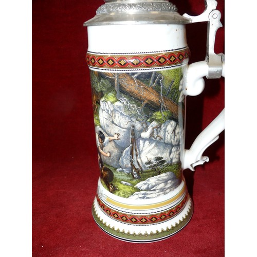 1 - LARGE CERAMIC STEIN WITH PEWTER LID FEATURING A HUNTING SCENE