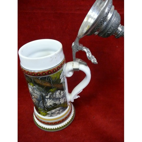 1 - LARGE CERAMIC STEIN WITH PEWTER LID FEATURING A HUNTING SCENE