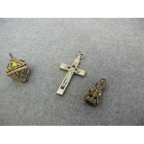 26 - A COLLECTIOPN OF 3 VINTAGE PENDANTS A BRASS PIXIE, CRUCIFIX AND JEWEL ENCRUSTED FOB