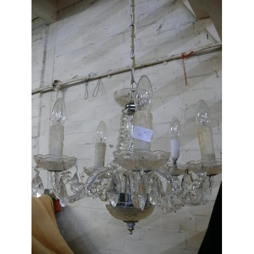 165 - A BEAUTIFUL 5 ARM CRYSTAL CHANDELIER PLUS A JEWELLED CRYSTAL WATERFALL CHANDELIER