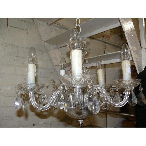 165 - A BEAUTIFUL 5 ARM CRYSTAL CHANDELIER PLUS A JEWELLED CRYSTAL WATERFALL CHANDELIER