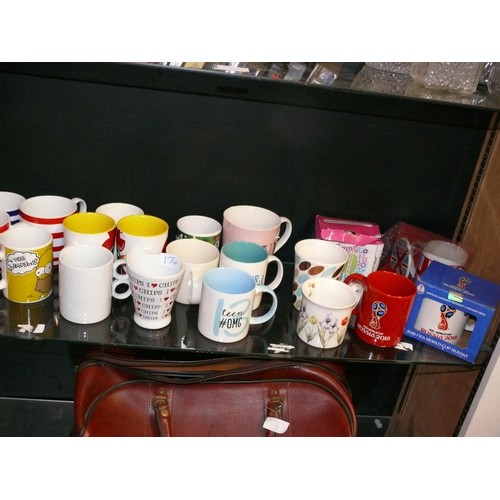 174 - A SHELF OF VARIOUS GOOD QUALITY MUGS, SOME NEW