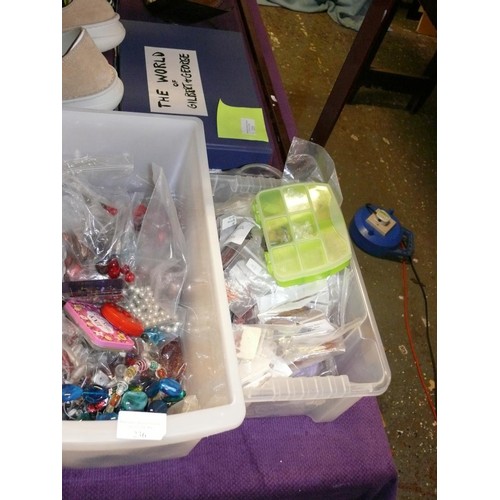 236 - 2 TUBS OF VARIOUS JEWELLERY AND TOY MAKING BEADS, TEDDY BEAR JOINTS ETC