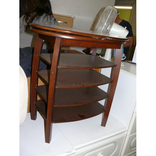 240 - RETRO WOODEN SIDE TABLE WITH METAMORPHIC TOP AND 4 SHELVES BELOW