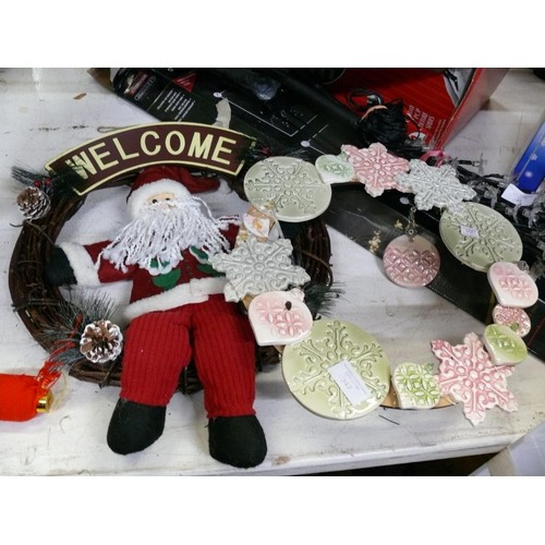 347 - CERAMIC CHRISTMAS BAUBLE WREATH, AND A SANTA WELCOME WREATH WITH FELT SANTA.