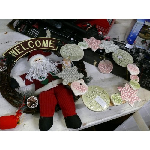 347 - CERAMIC CHRISTMAS BAUBLE WREATH, AND A SANTA WELCOME WREATH WITH FELT SANTA.