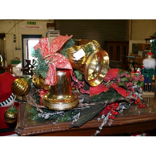 350 - RUSTIC CHRISTMAS GARLAND, ALSO 3 SETS OF LARGE GOLD BELLS WITH RED RIBBON.