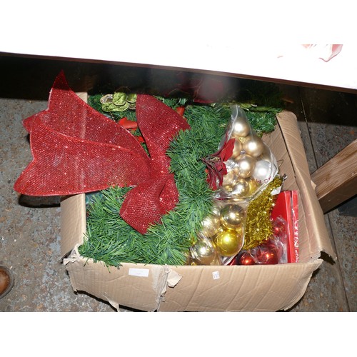 361 - LARGE BOX FULL OF BAUBLES AND TREE DECORATIONS. MAINLY GOLD AND RED. ALSO GREEN WREATH & GARLAND, LA... 