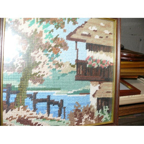 368 - LOVELY VINTAGE SAMPLER, A LACE PANEL-FRAMED, AND A COLLECTION OF CROSS-STITCH PICTURES IN FRAMES.