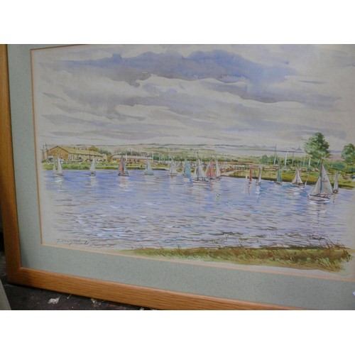 379 - WATERCOLOUR OF SAIL BOATS ON DRAYCOTE WATER. SIGNED & FRAMED.