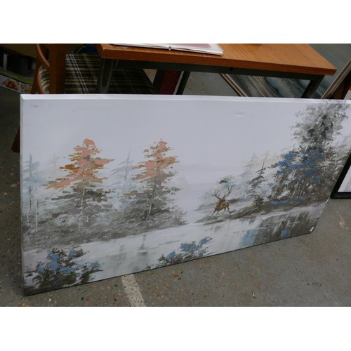 381 - LARGE PAINTING ON CANVAS OF A STAG BY A SNOWY LAKE.