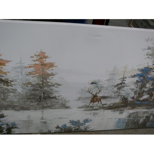 381 - LARGE PAINTING ON CANVAS OF A STAG BY A SNOWY LAKE.