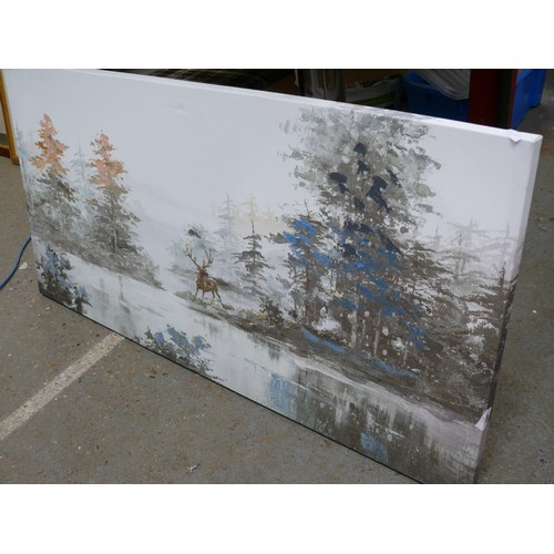 381 - LARGE PAINTING ON CANVAS OF A STAG BY A SNOWY LAKE.