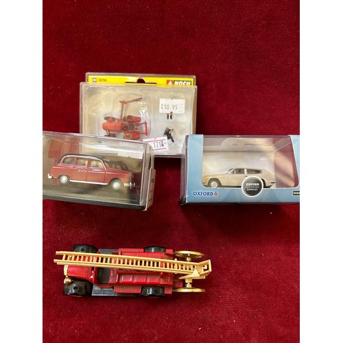 82 - 4 MODEL CARS - FIRE ENGINE, TRACTOR, TAXI RELIANT SCIMITAR