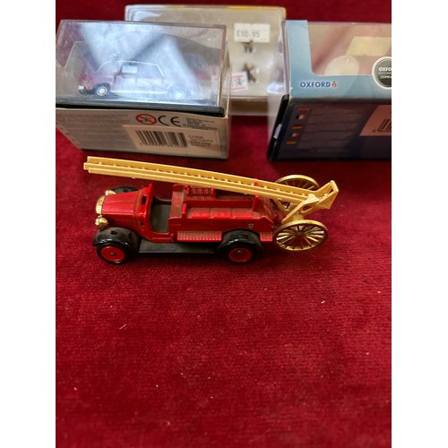 82 - 4 MODEL CARS - FIRE ENGINE, TRACTOR, TAXI RELIANT SCIMITAR