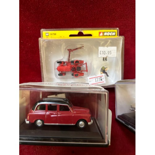 82 - 4 MODEL CARS - FIRE ENGINE, TRACTOR, TAXI RELIANT SCIMITAR