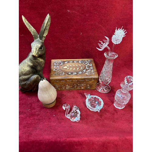 108 - MIXED LOT INCLUDING A HARE, INDIAN TRINKET BOX AND SWAROVSKI TYPE GLASS ORNAMENTS