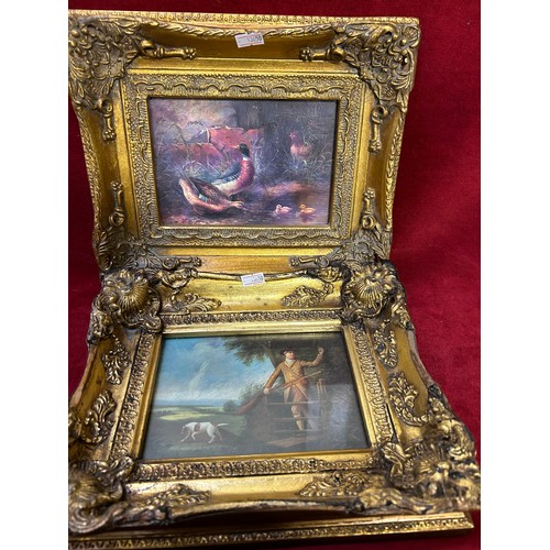 109 - TWO REPRODUCTION FRAMED PRINTS INCLUDING HUNTER WITH DOG AND DUCKS WITH POND IN ORNATE GILT FRAMES