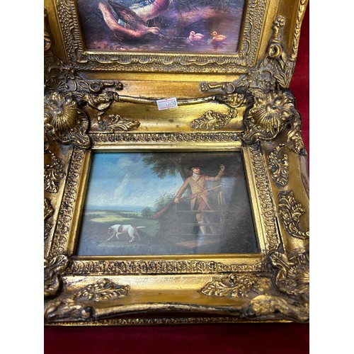 109 - TWO REPRODUCTION FRAMED PRINTS INCLUDING HUNTER WITH DOG AND DUCKS WITH POND IN ORNATE GILT FRAMES