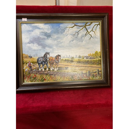 121 - AN ORIGINAL OIL PAINTING ON BOARD OF FARMER & SHIRE HORSES WITH PLOUGH BY PAT CRAY 1996 - IMAGE 39CM... 