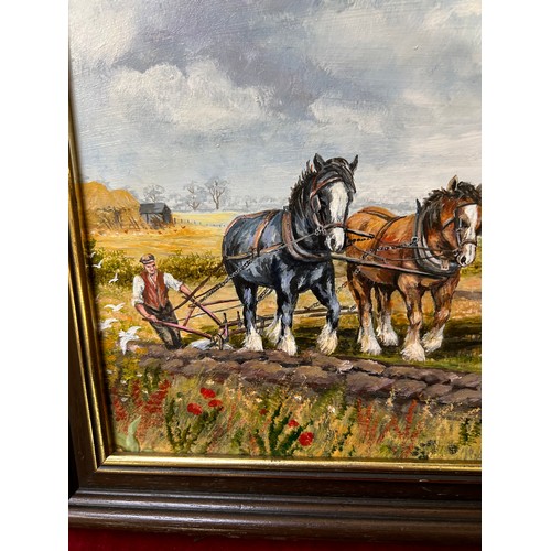 121 - AN ORIGINAL OIL PAINTING ON BOARD OF FARMER & SHIRE HORSES WITH PLOUGH BY PAT CRAY 1996 - IMAGE 39CM... 