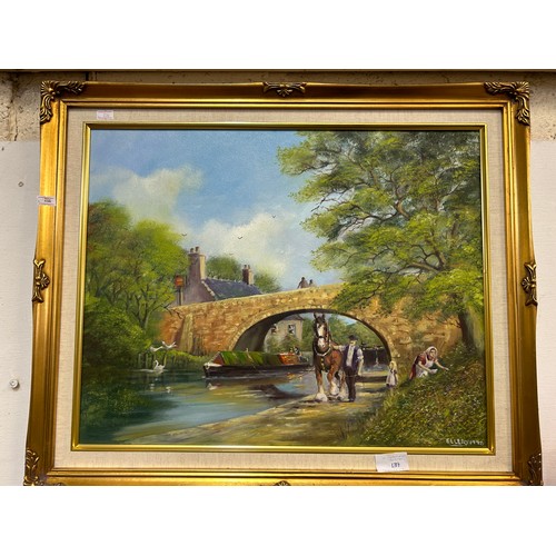 139 - AN OIL PAINTING ON CANVAS OF A CANAL WITH A HORSE & FIGURES  - SIGNED ELLERY 1998