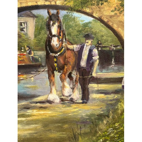 139 - AN OIL PAINTING ON CANVAS OF A CANAL WITH A HORSE & FIGURES  - SIGNED ELLERY 1998