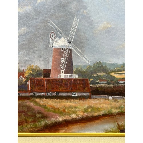 138 - AN ORIGINAL OIL PAINTING ON BOARD OF CLEY NEXT THE SEA WINDMILL - NORFOLK. SIGNED BY THE ARTIST R LO... 