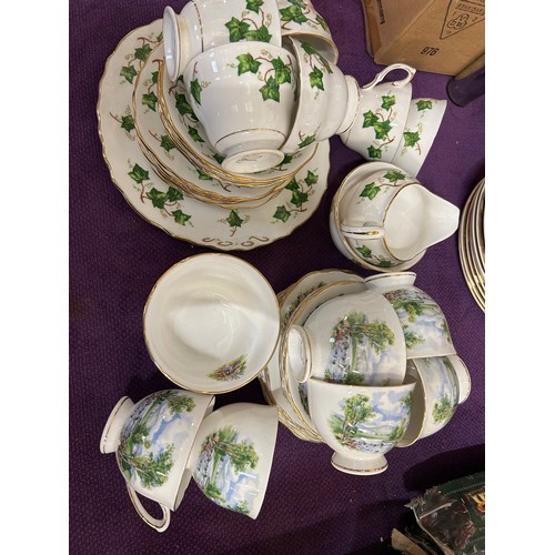 153 - TWO COLCLOUGH BONE CHINA TEA SERVICES, IVY LEAF AND COUNTRY SCENE & GLASS BOWLS