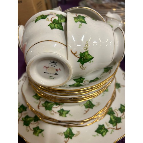 153 - TWO COLCLOUGH BONE CHINA TEA SERVICES, IVY LEAF AND COUNTRY SCENE & GLASS BOWLS