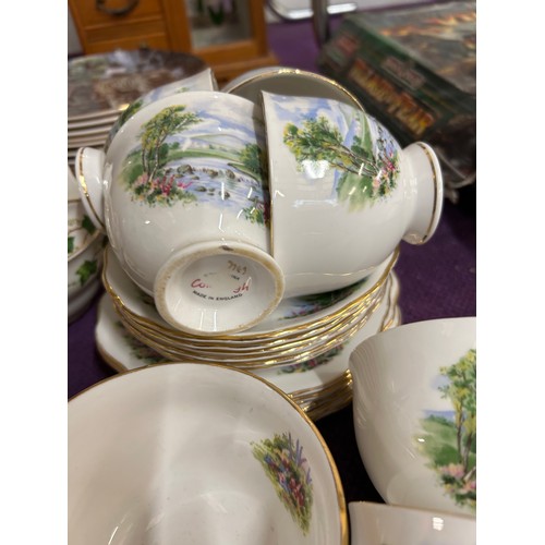 153 - TWO COLCLOUGH BONE CHINA TEA SERVICES, IVY LEAF AND COUNTRY SCENE & GLASS BOWLS