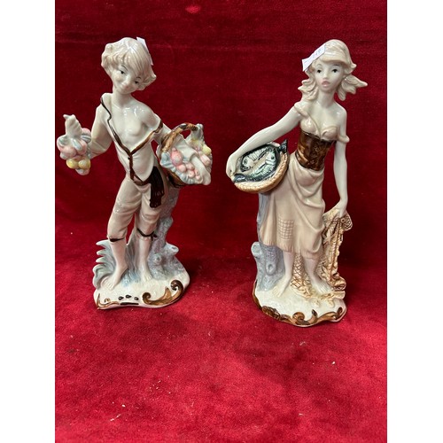 159 - TWO PORCELAIN FIGURES, GIRL SELLING FISH AND BOY SELLING FRUIT, BOTH SIGNED TO BASE 