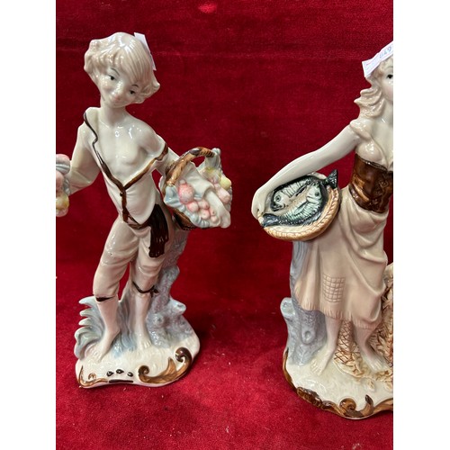 159 - TWO PORCELAIN FIGURES, GIRL SELLING FISH AND BOY SELLING FRUIT, BOTH SIGNED TO BASE 