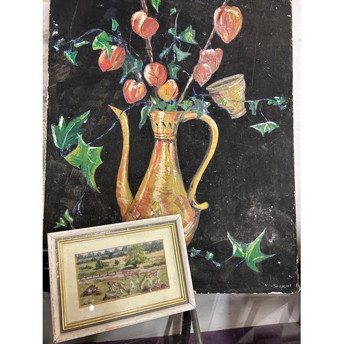 163 - ORIGINAL MID CENTURY STILL LIFE OIL ON BOARD PAINTING OF CHINESE LANTERN FLOWERS IN A JUG ENTITLED 